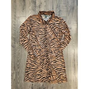 sz L Sheer Tiger Stripe Button-Up Dress Rouched Mob Wife Beachy Resort Vacation